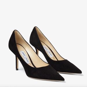 Jimmy Choo Love 85 Black Suede Pointed Pumps with JC Emblem